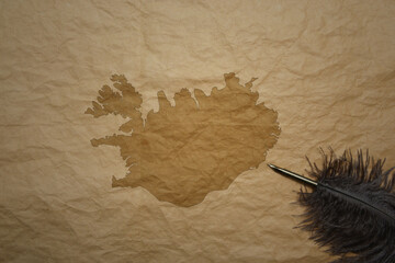 map of iceland on a old paper background with old pen
