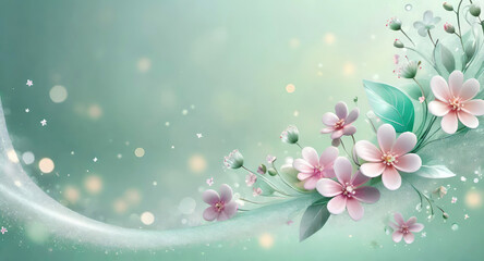 Colorful spring flowers on a light blue shiny bokeh background. Springtime holidays concept.Banner for design with copy space. Generative AI.
