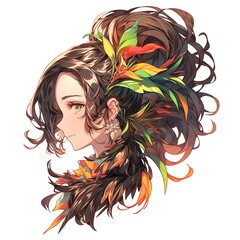 Cartoon anime style avatar side-view portrait of a young woman with long curly dark brown hair decorated with leaves