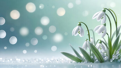 Spring banner with white snowdrops on blurred green blue light bokeh background with copy space.Generative AI