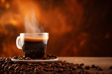 Steaming Coffee Cup with Roasted Beans on Wooden Surface. Warm Beverage and Aroma Concept