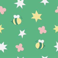 Cute seamless pattern with hand-drawn bees and floral elements. Vector summer botanical background. - 752614760
