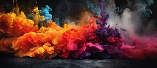 A group of colorful smokes billowing in various directions against a dark backdrop, creating a vibrant and dynamic visual spectacle. The hues blend and mix, forming unique patterns and shapes in the