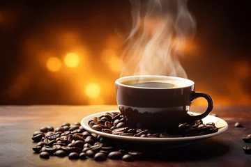 Foto op Aluminium Steaming Coffee Cup with Roasted Beans on Wooden Surface. Warm Beverage and Aroma Concept © AspctStyle
