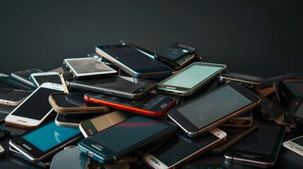 Pile of old smartphones on dark background. Planned obsolescence, electronic waste for recycling concept
