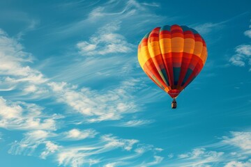 Fototapeta na wymiar A hot air balloon is flying high in the sky above a blue and white cloudless sky