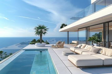 A large white house with a pool and a balcony overlooking the ocean
