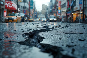 Crack in the asphalt on the road. Background with selective focus and copy space