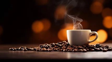 Tuinposter Steaming Coffee Cup with Roasted Beans on Wooden Surface. Warm Beverage and Aroma Concept © AspctStyle