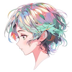Cartoon anime style avatar side-view portrait of a young woman with short colorful hair