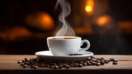Foto op Plexiglas Steaming Coffee Cup with Roasted Beans on Wooden Surface. Warm Beverage and Aroma Concept © AspctStyle