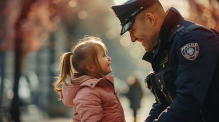 Portrait of a male police officer with a little child - obrazy, fototapety, plakaty