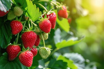 Bright red strawberries on green sunny background.