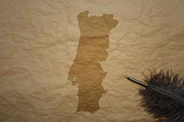 map of portugal on a old paper background with old pen