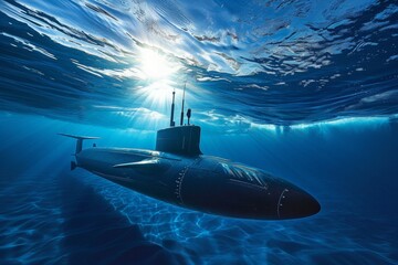 A submarine is in the water, with the sun shining on it