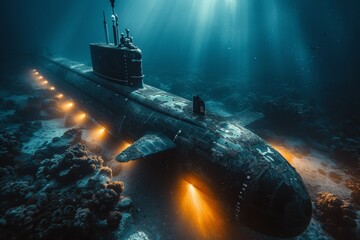A submarine is seen in the water with lights on it