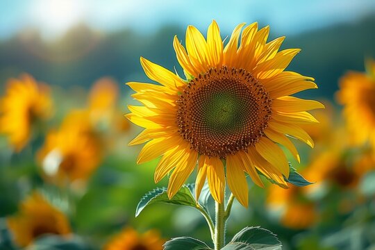 A single yellow sunflower is the main focus of the image