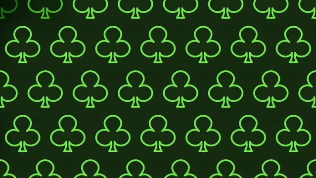 A mesmerizing pattern of playing cards with neon green lights on a black background. It showcases the suits, numbers, and face cards