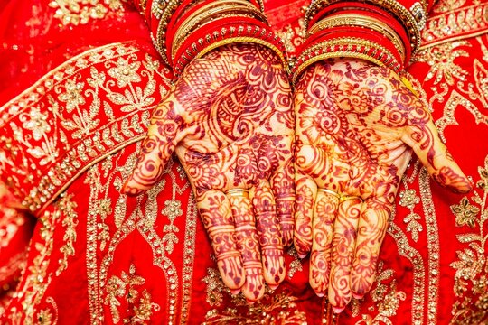 Close up of mehendi on bride's hand, Mauritius, Africa