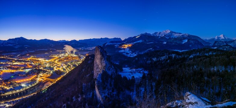 Panorama photo, left Hallein, Salzburger Land, Austria, middle small Barmstein, right Hoher Goell and Watzmann at dawn, Berchtesgaden, Berchtesgadener Land, Upper Bavaria, Bavaria, Germany, Europe