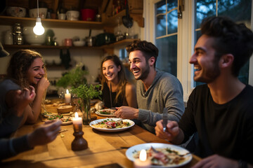 Joyful Friends Sharing a Laughter-Filled Dinner by Candlelight in a Cozy Home Interior. Warm Social Gathering