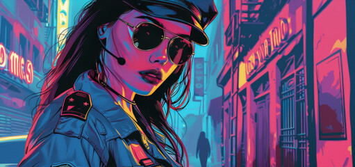 Vector illustration of sexy beautiful female police officer. Comic book.