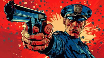 Vector illustration of police officer holding a gun. Comic book.