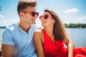 Cheerful Couple Enjoying a Sunny Day Outdoors in Stylish Sunglasses. Summer Lifestyle and Fashion