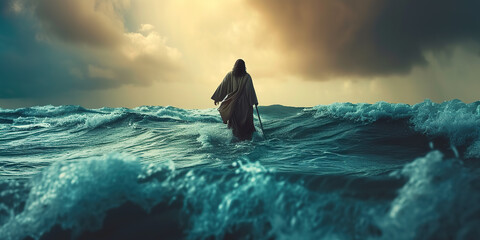 Jesus walks on water across the sea - obrazy, fototapety, plakaty