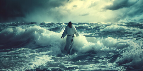 Jesus walks on water across the sea - obrazy, fototapety, plakaty