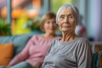 A woman with gray hair is sitting on a couch