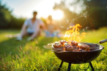 A man and woman are sitting on the grass next to a grill with hot coals