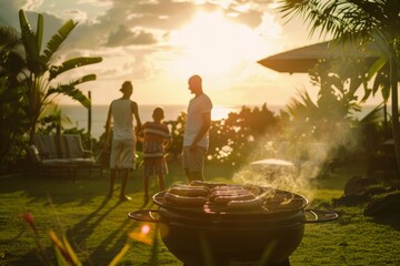 A family is gathered around a grill, cooking hot dogs and enjoying the sunset