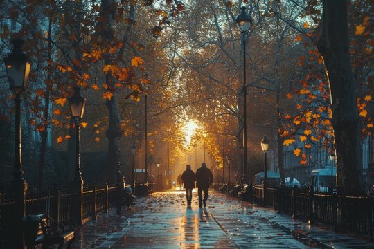 A couple walking down a street in the fall