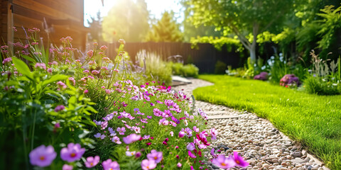 Landscape design with flower beds in home garden - Powered by Adobe