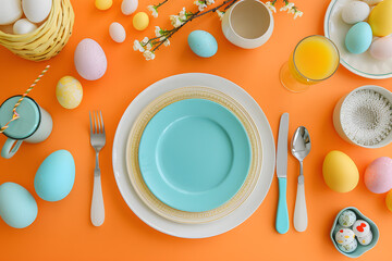 Easter brunch table setting, top view, isolated on a festive orange background, representing family gatherings and Easter celebrations