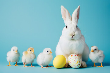 Easter Bunny and chicks with Easter eggs, isolated on a cheerful blue background, depicting the companionship and joy of the Easter season
