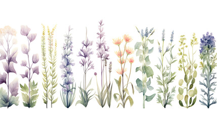 Set of floral watercolor Wild field herbs flowers isolated element set?illustration with green leaves and colorful plants Wedding stationery, wallpapers, fashion, backgrounds, textures Wildflowers