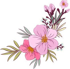 Garden flowers design bouquets. Floral wedding borders composition. Pink flowers on transparent, png.