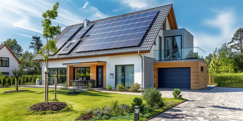 Urban house showcasing eco-friendly design with photovoltaic solar panels on the roof. - obrazy, fototapety, plakaty
