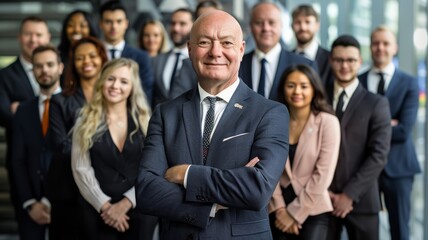 Fototapeta na wymiar Senior Executive with Diverse Corporate Team. Senior male executive with crossed arms standing in front of his diverse professional team in a corporate environment.