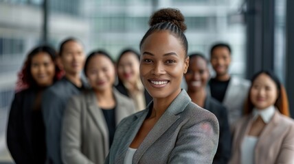 Fototapeta premium Dynamic Corporate Team Leader with Multicultural Group. Engaging young leader in a professional setting, exuding confidence with her multicultural team in soft focus behind her.