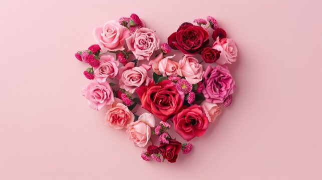 Heart shape made of rose flowers for wedding and birthday celebration pink background