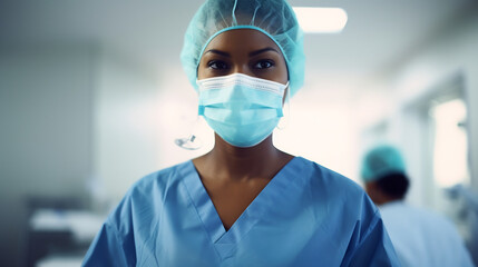 Close Up of Professional Female Surgeon in Scrubs with Protective Face Mask Ready for Operation. Healthcare and Medicine