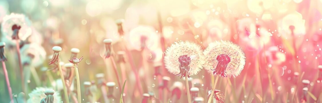 dandelions in a green field with a pink blur Generative AI © sean