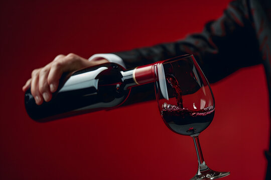 sommelier pouring wine, top view, isolated on a vintage wine red background, evoking the culture and taste of fine wines 