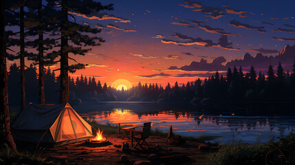 Camping in the nature anime style
