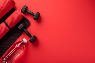 top view of a fitness setup with yoga mat, dumbbells, and water bottle, isolated on a motivational red background, symbolizing health and exercise