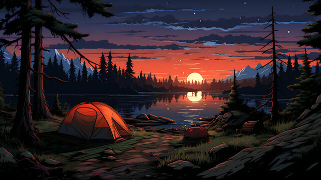 Fototapeta Camping in the nature anime style