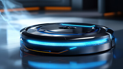 Futuristic neon-lit wireless robot vacuum cleaner with innovative controls removes dust on floor